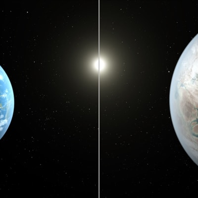 Illustrationsbild där jorden jämförs med exoplaneten  Kepler 452b.
