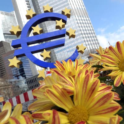 Blommor och eurotecken framför Europeiska centralbanken.