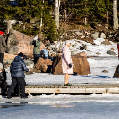 Människor som njuter av vårsolen på en brygga omgiven av ett smältande istäcke. 