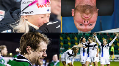 Collage av fyra bilder: Kaisa Mäkäräinen, Akilles bandy, Robert Helenius och Finlands fotbollsdamer.