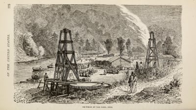 Gammal etsning föreställande oljeborrning på 1800-talet.