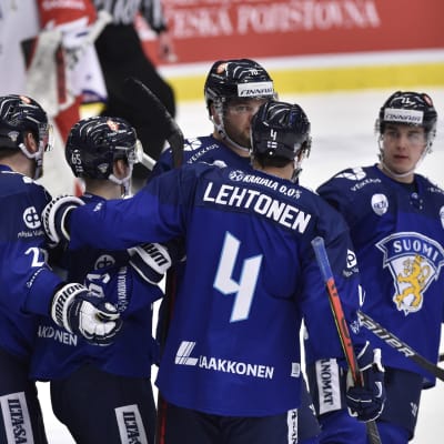 Finlands spelare firar Teemu Hartikainens 1–0-mål.