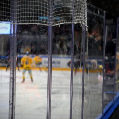 Ishockeyspelare fotade genom plexiglas.