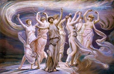 Tavlan "Plejaderna" av Elihu Vedder. Föreställer sju dansande nymfer.