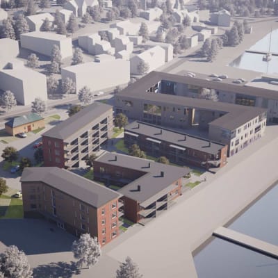 En datorbild på hur fyra nya hus skulle se ut i Norra hamnen i Ekenäs.