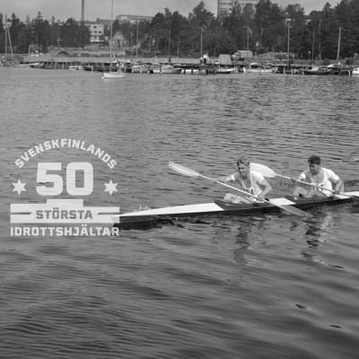 Kurt Wires och Yrjö Hietanen under OS 1952, med logon för Svenskfinlands 50 största idrottshjältar.