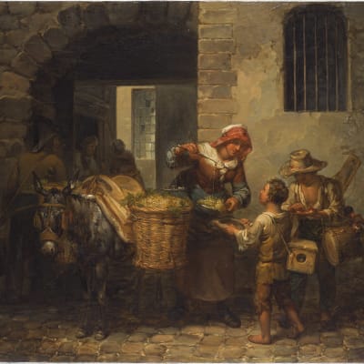 Målning av en lantkvinna och två pojkar.