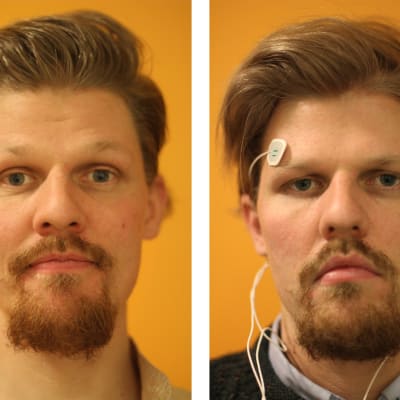 Vasemmalla toimittaja Jussi Nygren ennen testin alkua, oikealla Nygren nukuttuaan viikon 4-tuntisia yöunia.