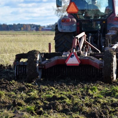 Traktor plöjer en åker.