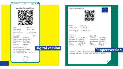 Coronaintyg med QR-kod - både digital version och pappersversion.