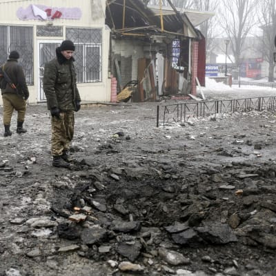 Förödelse efter stridigheter i östra Ukraina i Donetsk-området.
