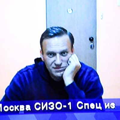 Medelålders man i blå tröja sitter och tittar in i en kamera. Aleksej Navalnyj deltog i rättegången den 28 januari 2021 via videolänk från fängelset.