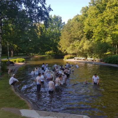 En grupp unga människor i vita skjortor befinner sig i en damm mitt i parken.