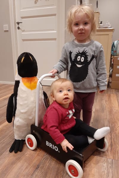 Två  små barn, en bebis i en trävagn och ett lite äldre barn som står bredvid och håller i vagnens handtag.