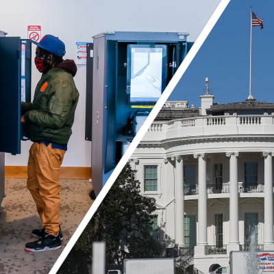 Bildcollage. Till vänster syns en person som röstar i det amerikanska presidentvalet år 2020. Till höger syns Vita huset.