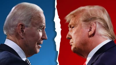 Bildmontage med Joe Biden mot blå bakgrund och Donald Trump mot röd