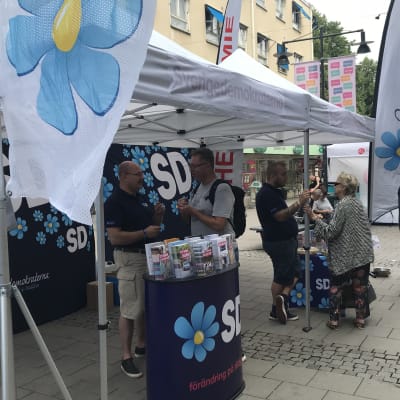 Sverigedemokraterna gör valkampanj och talar med förbipasserande på en gågata.