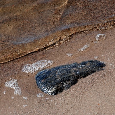Sten i strandskvalpet på en sandstrand.