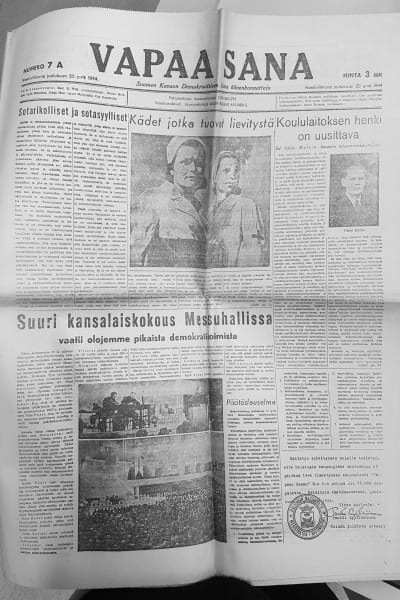 En sida ur den socialdemokratiska tidningen Vapaa Sana.