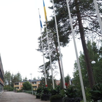 Suomussalmen kunnantalon lipputankoon on nostettu myös Ukrainan lippu.