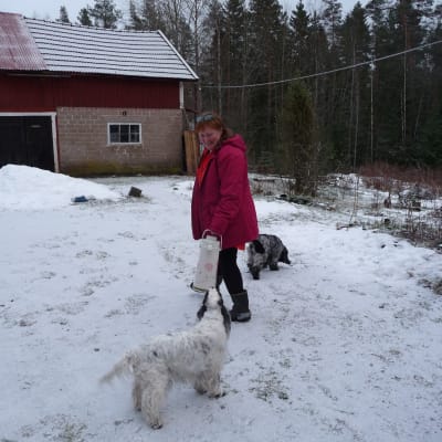 Marianne Tapper med hundarna Onna och Cocke ute på gårdsplan
