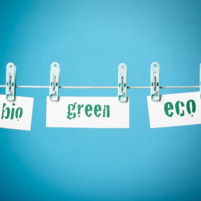 Lappar med texten bio, green och eco hänger på ett klädstreck.