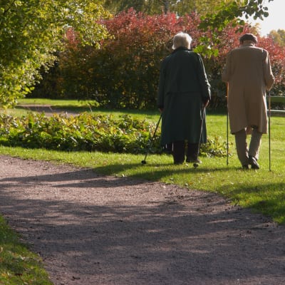Ett äldre par på promenad en en park.