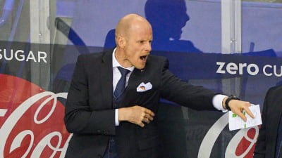 Toni Söderholm gestikulerar i båset under match.