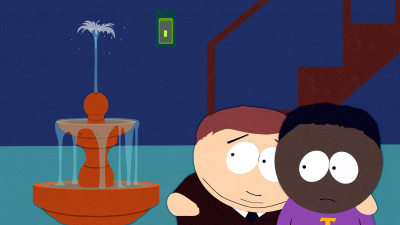 Cartman och token tittar på fontänen