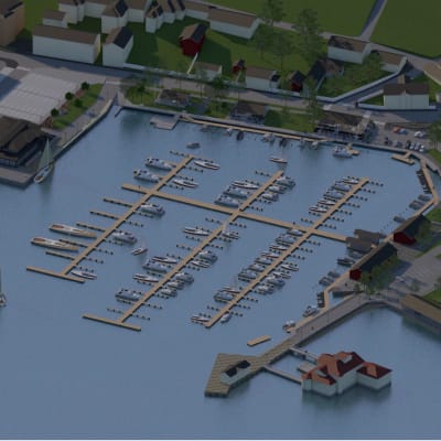 Flygbild av Norra hamnen i Ekenäs, fast inte som det ser ut nu utan en skiss med en stor stombrygga och många kortare stickbryggor. I högra hörnet nere kan man se Knipan.