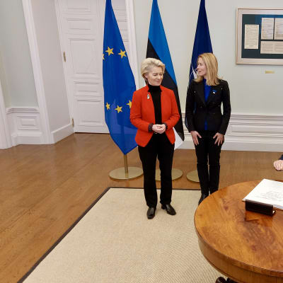 Natos generalsekreterare Jens Stoltenberg sitter vid gästboken medan EU-kommissionens ordförande Ursula von der Leyen och Estlands premiärminister Kaja Kallas står bakom. 