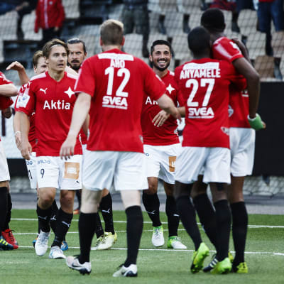 HIFK:s spelare firar mål, augusti 2017.