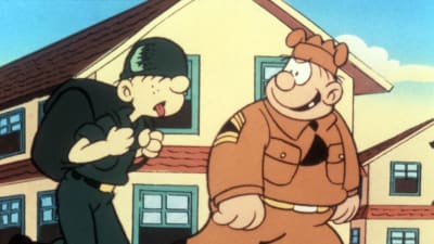 Tecknad bild. Till vänster seriefiguren knasen, en ung smal soldat med tung packning, till höger hans förman