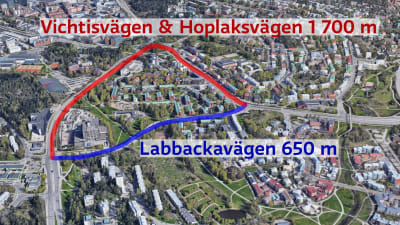 En kartbild som visar var Labbackavägen och Vichtis- och Hoplaksvägen går.