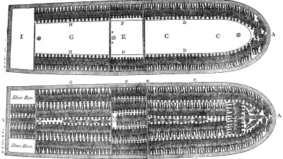 En teckning visar schematiskt hur man kan lasta ett skepp fullt med slavar. 
