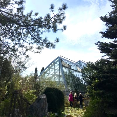 Botaniska trädgårdens växthus utifrån sett med tre små flickor i förgrunden.