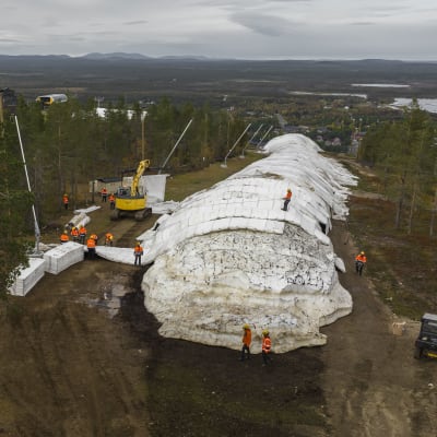 Ilmakuva Levitunturin päältä, jossa avataan eristemattojen alta säilölunta.
