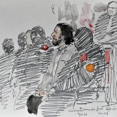 Salah Abdeslam under rättegången i Bryssel 5.2.2018.