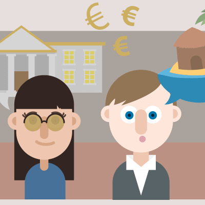 Illustration på en man och en kvinna, ett fint hus, en paradisö och pengar.