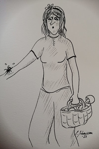 En teckning av en dam med svampkorg som upptäcker en fästing på sin arm.