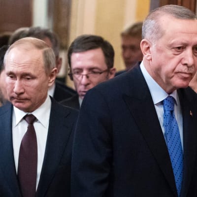 Två män bredvid varandra. De är kostymklädda och ser inte in i kameran. Männen är Vladimir Putin och Recep Tayyip Erdogan.