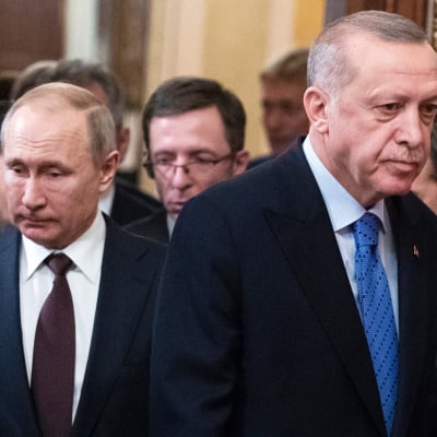 Två män bredvid varandra. De är kostymklädda och ser inte in i kameran. Männen är Vladimir Putin och Recep Tayyip Erdogan.