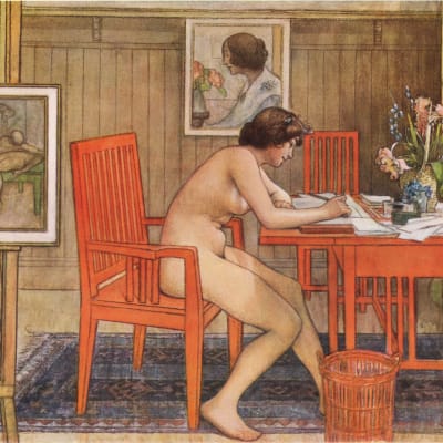 Carl Larssons tavla "Modell skriver vykort" från år 1906.