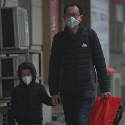 En pappa och ett barn går hand i hand genom utsläppsdimman i Peking den 20 december 2016.