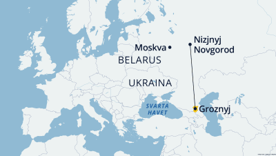 En karta över Europa och Ryssland. Uppe till höger Nizjnyj Novgorod och nere till höger tjetjenska Groznyj.