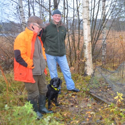 Carl-Johan Jansson och Marco Lehtikangas står bredvid en söndrig mårdhundsfälla med labradoren Fanny.
