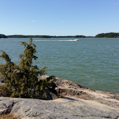En vit motorbåt kör på Erstan förbi öar och klippor.