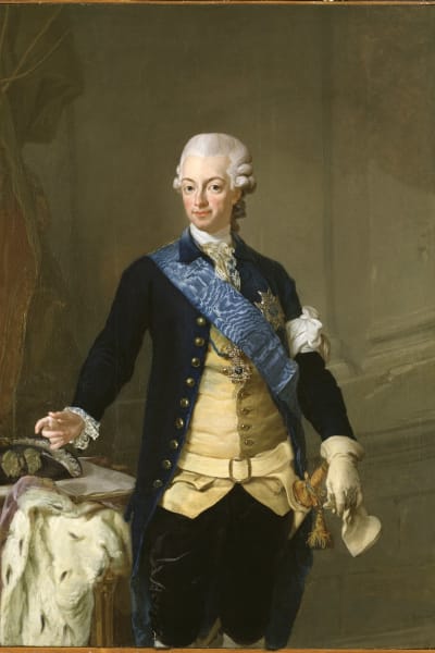 Till vänster Gustav III i kuppmakaruniformen, såsom han såg ut på Revolutionsdagen den 19 augusti 1772 - avmålad 1777 av Lorens Pasch den yngre.