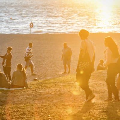 Flera unga på sandstrand i solnedgången.