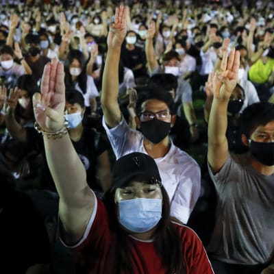 Unga demokratiaktivister i Thailand använder tre-finger-tecknet från filmserien Hungerspelen som sitt gemensamma protesttecken.  
